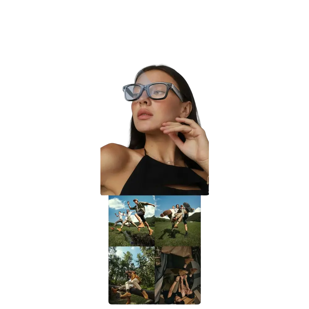 Femme portant des lunettes FPV avec caméra intégrée, multiperspectives de sorties en plein air et nature