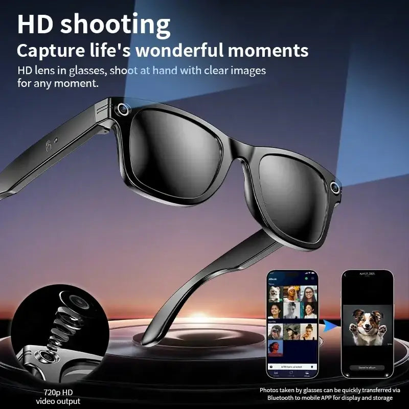 Lunettes à caméra HD intégrée avec sortie vidéo 720p et transfert Bluetooth vers application mobile