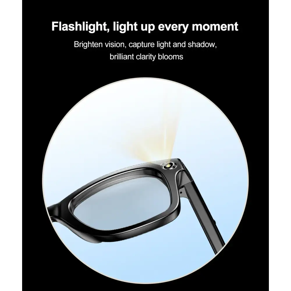 Lunettes noires avec lampe torche intégrée allumée, éclairage LED sur branche