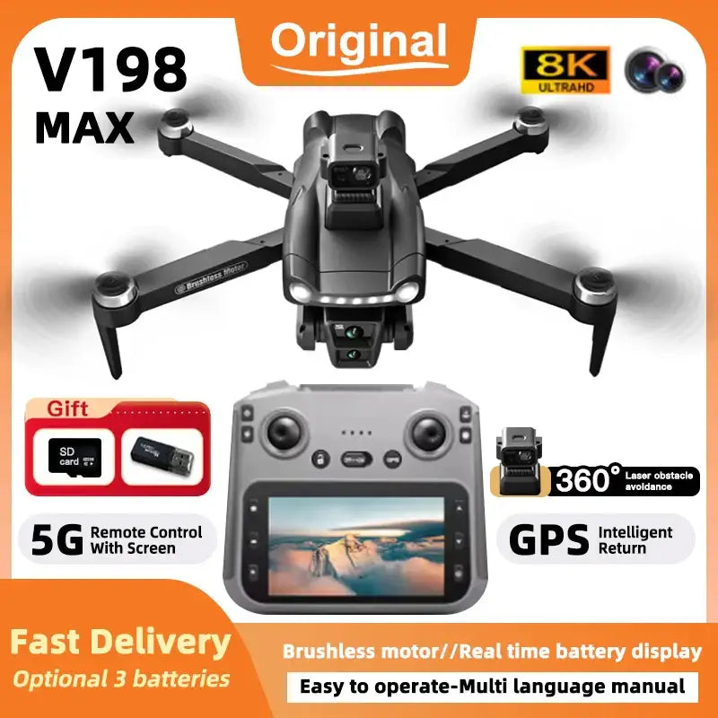 Pour xiaomi V198MAX GPS retour Drone 5G 8K HD double caméra Dron à distance avec écran Laser évitement d’obstacles