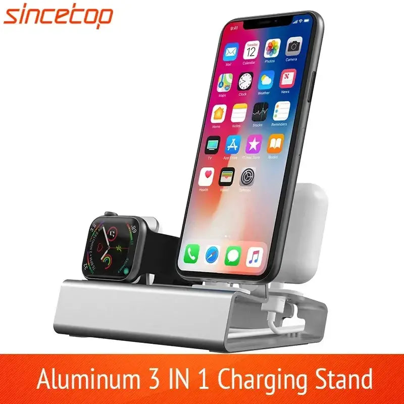 Support de charge en aluminium 3 en 1 pour iPhone iPhone 16 15 14 13 12 Pro 11 Poly 8 Apple Watch Airpods chargeur S6