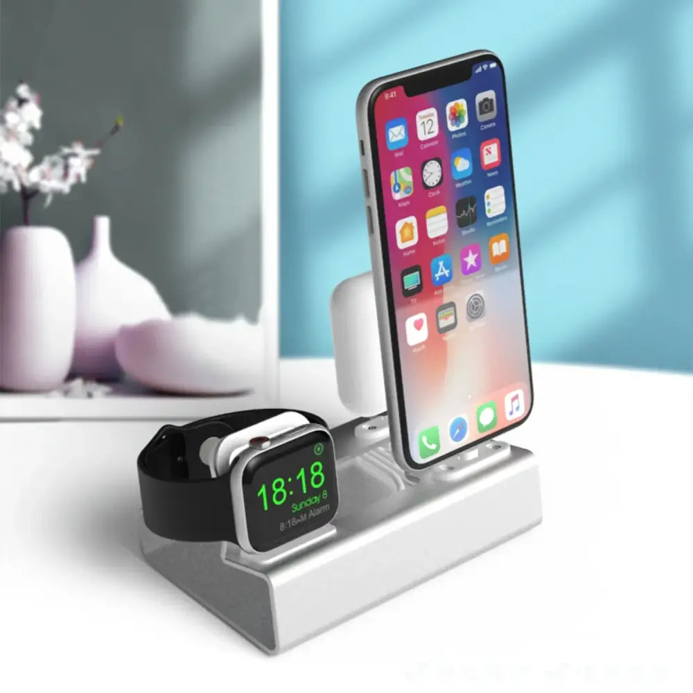Support de charge en aluminium 3 en 1 pour iPhone iPhone 16 15 14 13 12 Pro 11 Poly 8 Apple Watch Airpods chargeur S6