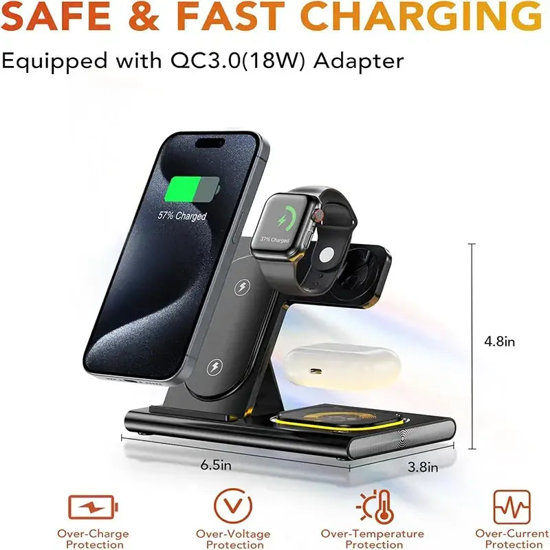 Support de chargeur sans fil pliable 3 en 1 300W Station de charge rapide de bureau pour iPhone 16 15 14 13 Samsung