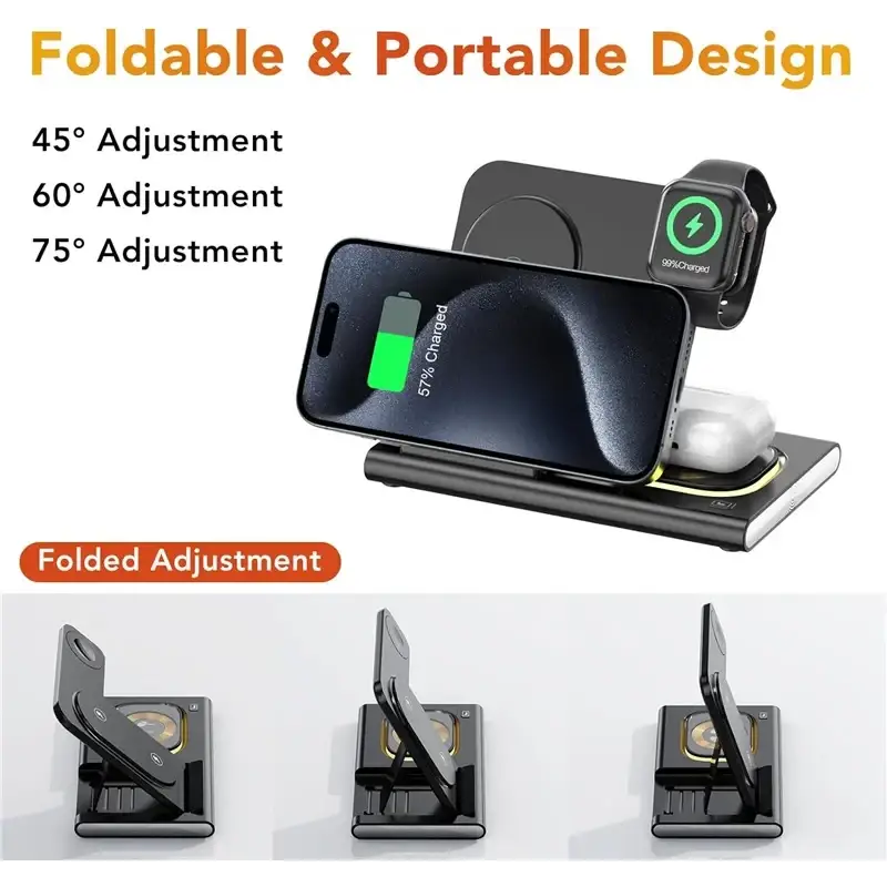 Support de chargeur sans fil pliable 3 en 1 300W Station de charge rapide de bureau pour iPhone 16 15 14 13 Samsung