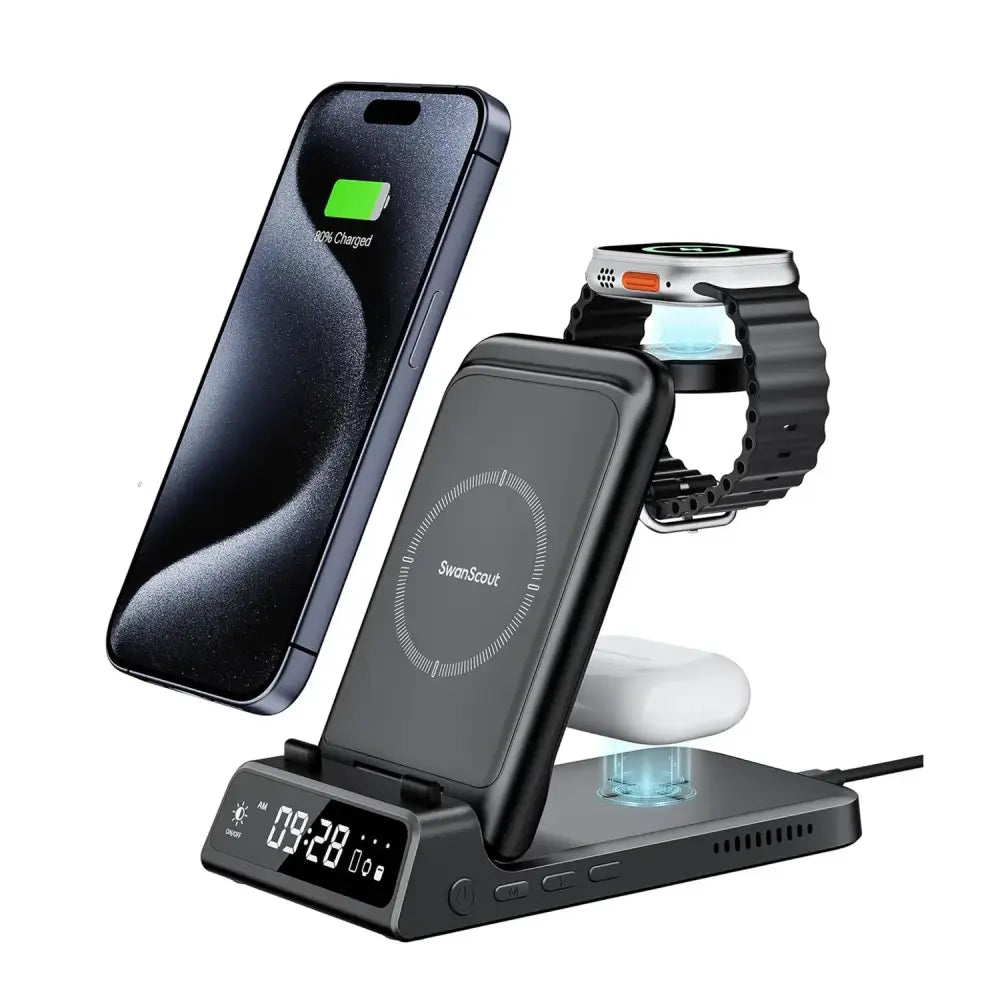 SwanScout 703A chargeur sans fil pour iPhone 17 16 15 14 Station de charge pour Apple Watch 11 10 9 Ultra 3 SE 2
