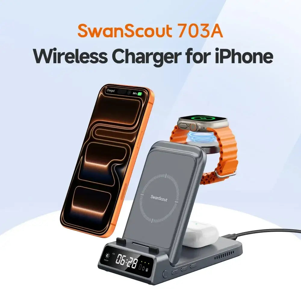 SwanScout 703A chargeur sans fil pour iPhone 17 16 15 14 Station de charge pour Apple Watch 11 10 9 Ultra 3 SE 2