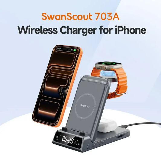 SwanScout 703A chargeur sans fil pour iPhone 17 16 15 14 Station de charge pour Apple Watch 11 10 9 Ultra 3 SE 2