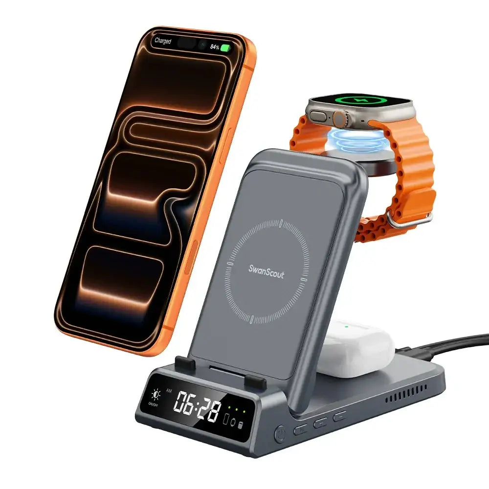 SwanScout 703A chargeur sans fil pour iPhone 17 16 15 14 Station de charge pour Apple Watch 11 10 9 Ultra 3 SE 2