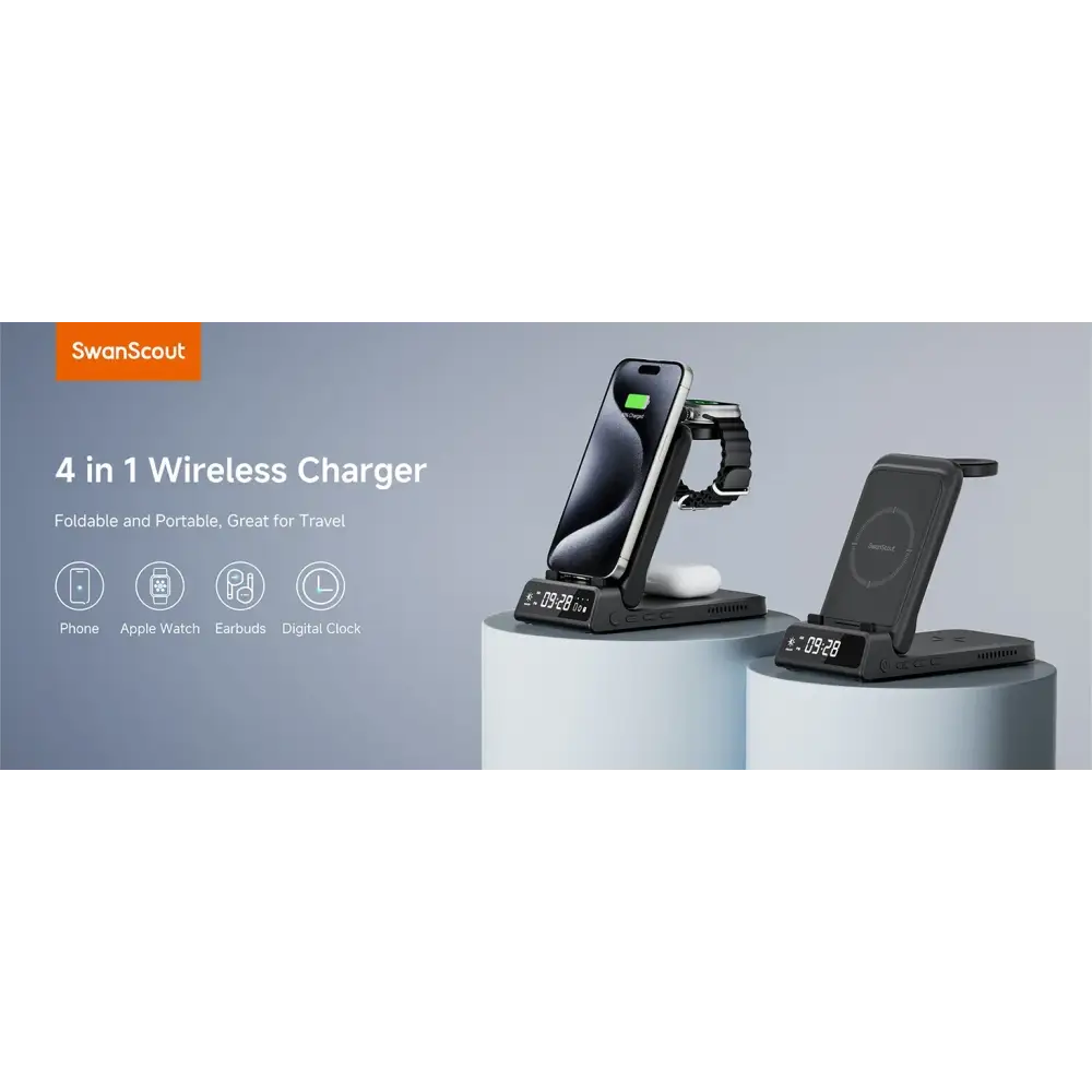 SwanScout 703A chargeur sans fil pour iPhone 17 16 15 14 Station de charge pour Apple Watch 11 10 9 Ultra 3 SE 2
