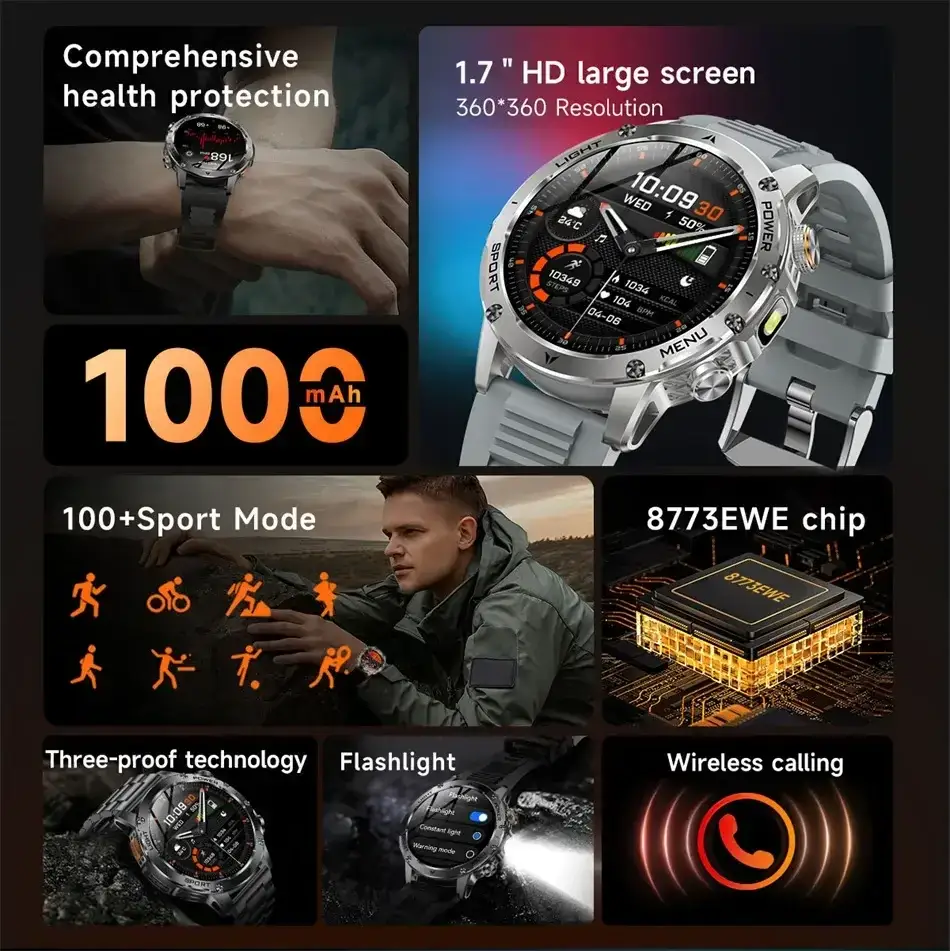 T-rex 3 qualité militaire 1000mAh batterie montre intelligente IP68 étanche GPS Bluetooth appel AMOLED HD hommes sport