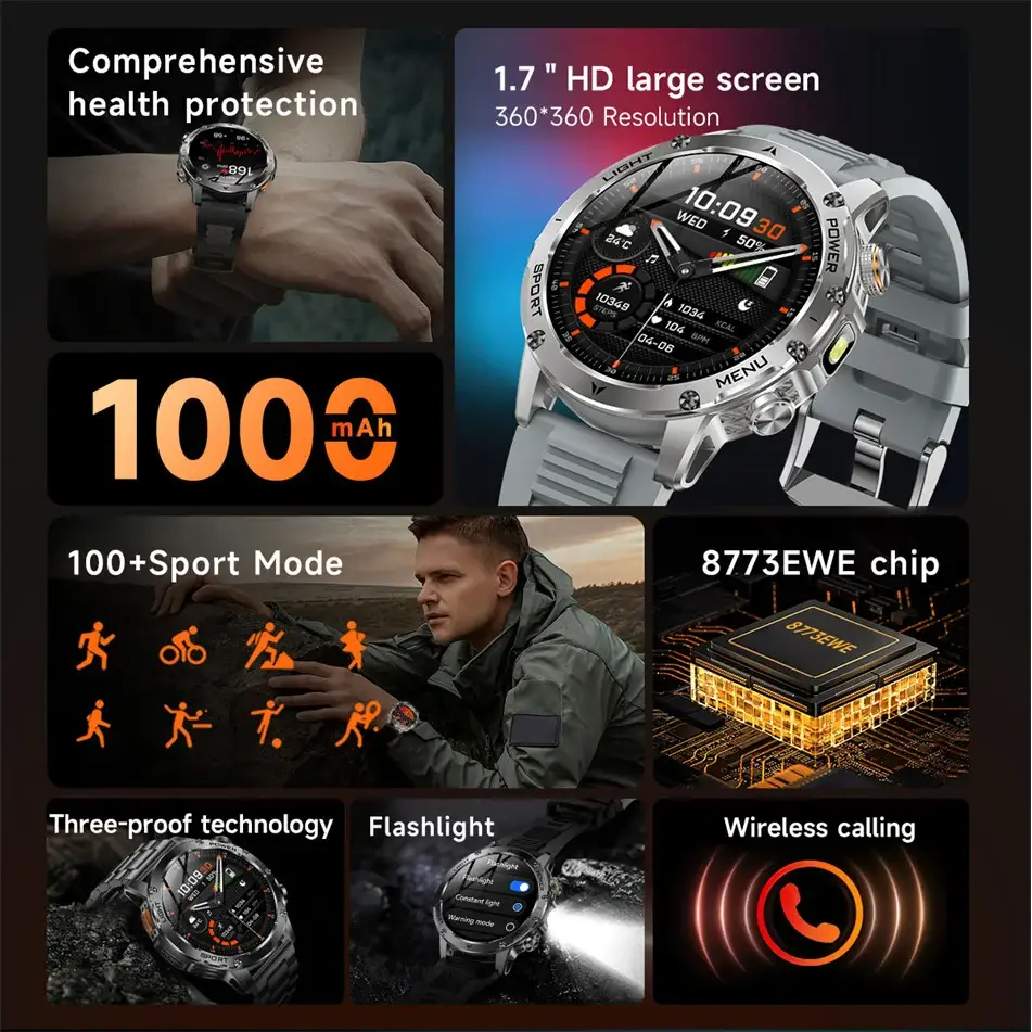 T-rex 3 qualité militaire 1000mAh batterie montre intelligente IP68 étanche GPS Bluetooth appel AMOLED HD hommes sport