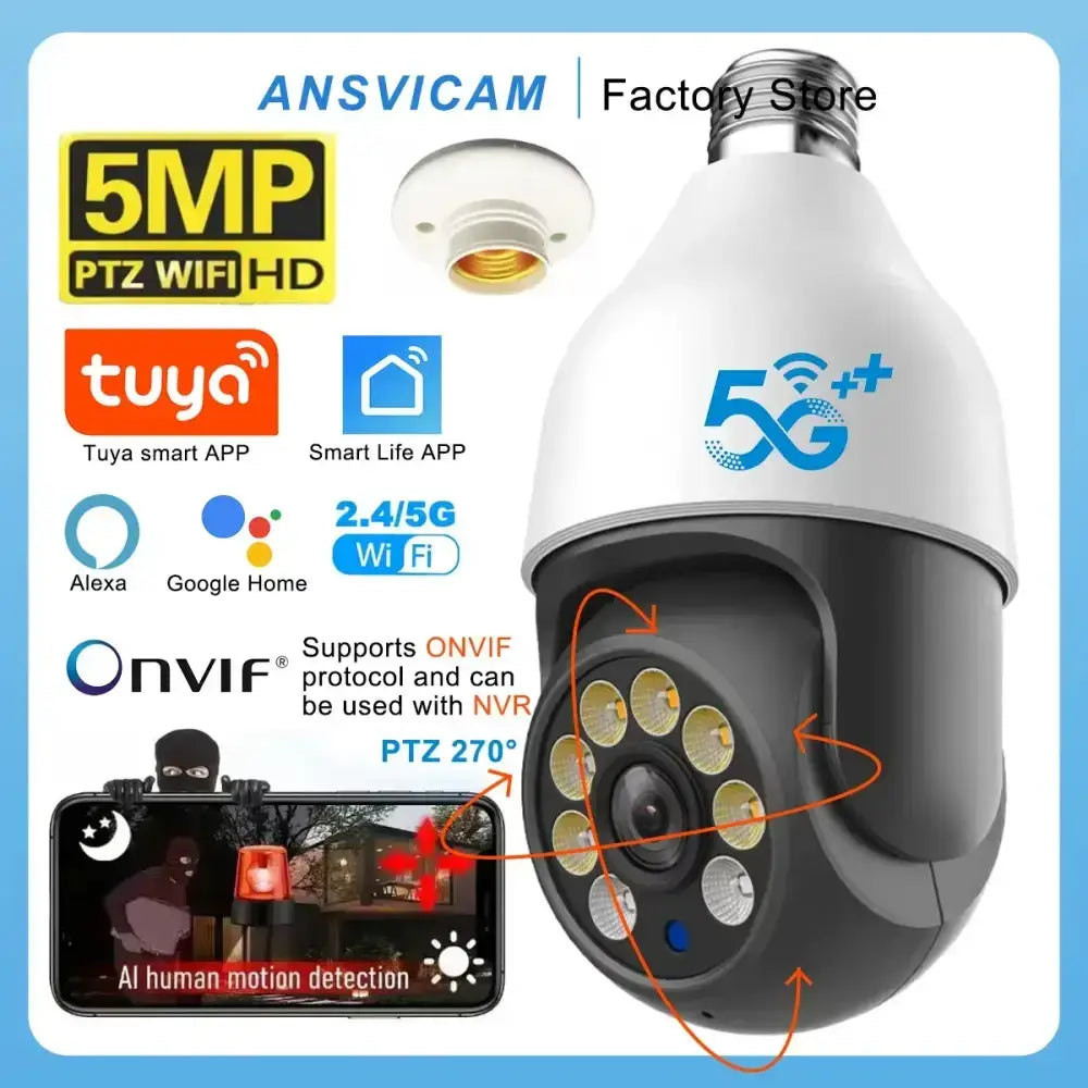TUYA-Caméra de permission 5G Dispositif de Sécurité Sans Fil avec Ampoule PTZ IP CCTV Vision Nocturne Extérieure 5MP