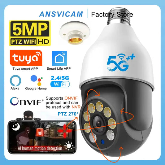 TUYA-Caméra de permission 5G Dispositif de Sécurité Sans Fil avec Ampoule PTZ IP CCTV Vision Nocturne Extérieure 5MP