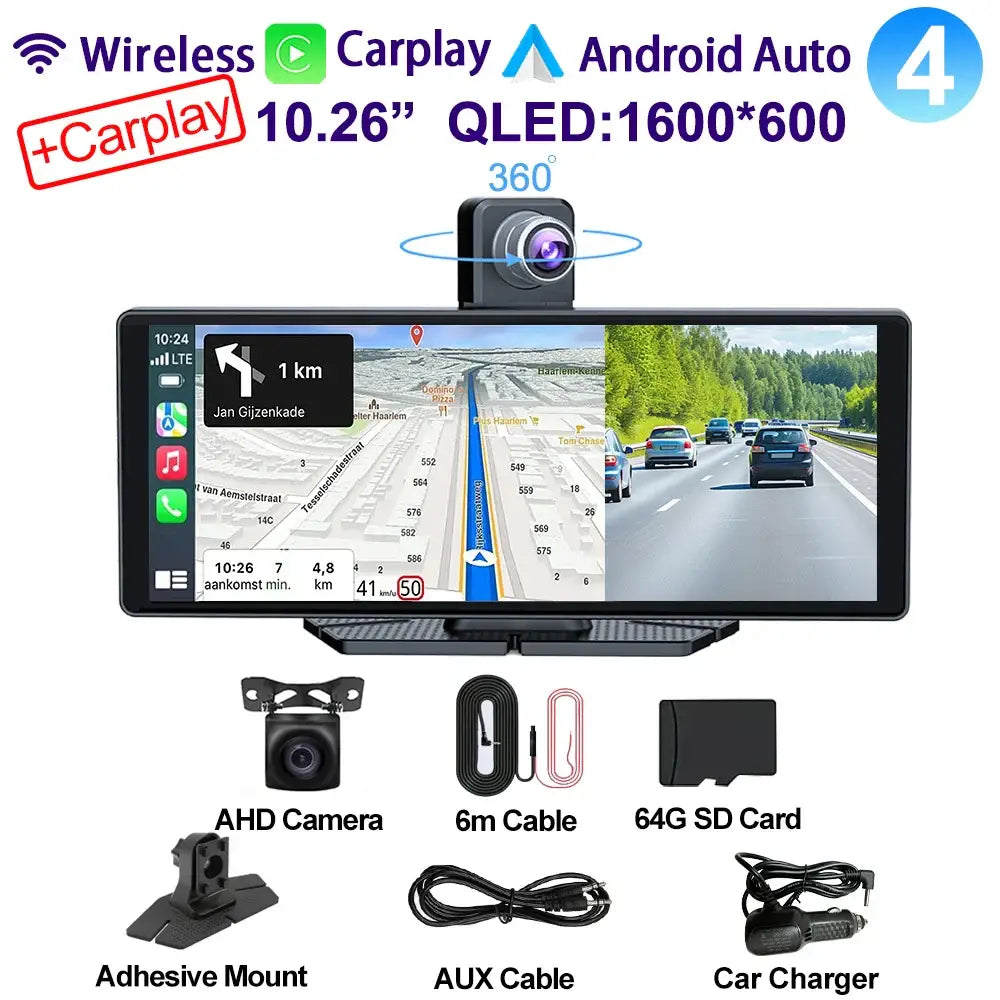 Voiture universelle 10,26’’ intelligente 4K 360 ° Caméra de tableau de bord DVR pour voiture rotative sans fil CarPlay