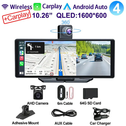 Voiture universelle 10,26’’ intelligente 4K 360 ° Caméra de tableau de bord DVR pour voiture rotative sans fil CarPlay