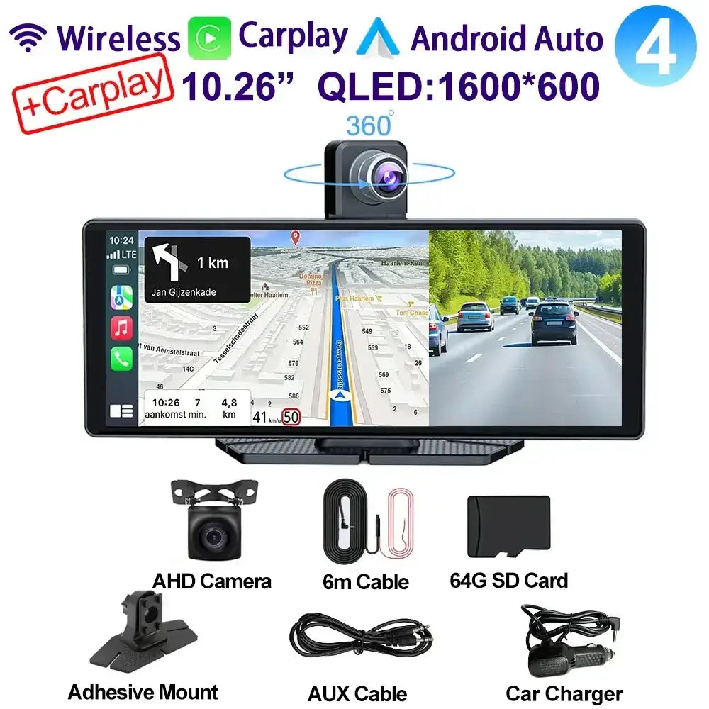 Voiture universelle 10,26’’ intelligente 4K 360 ° Caméra de tableau de bord DVR pour voiture rotative sans fil CarPlay