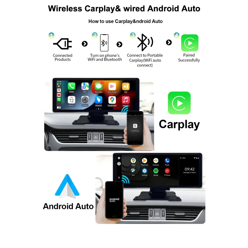 Voiture universelle 10,26’’ intelligente 4K 360 ° Caméra de tableau de bord DVR pour voiture rotative sans fil CarPlay