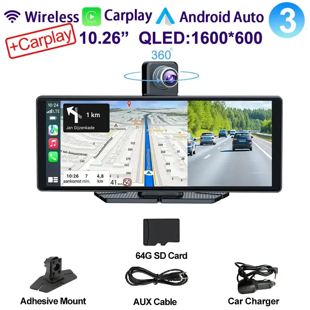Voiture universelle 10,26’’ intelligente 4K 360 ° Caméra de tableau de bord DVR pour voiture rotative sans fil CarPlay
