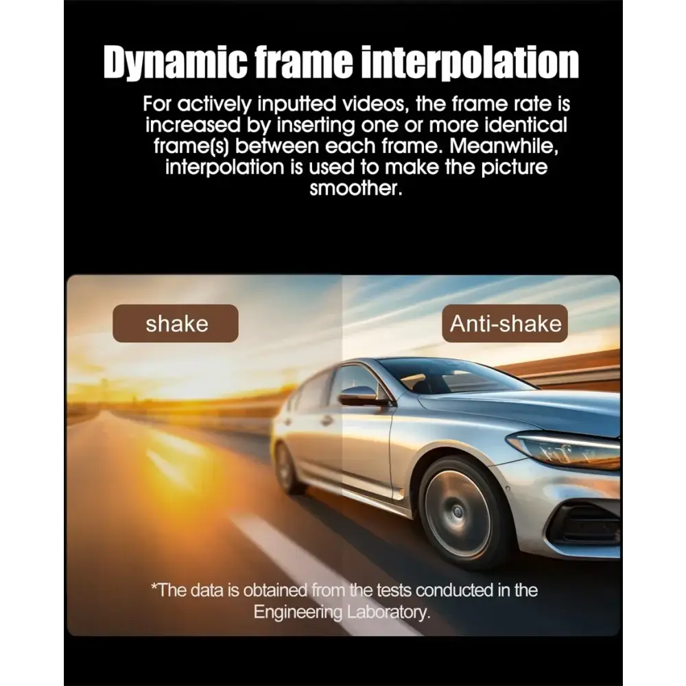 Voiture grise sur route en mouvement montrant effet anti-tremblement par interpolation dynamique des images