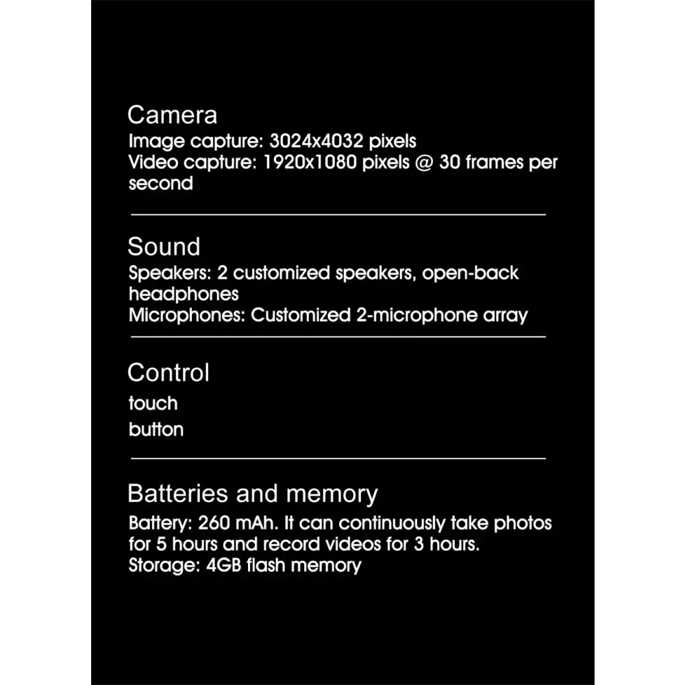 Spécifications techniques de la caméra : capture 3024x4032 pixels, vidéo 1080p 30fps, son personnalisés, contrôle tactile et bouton, batterie 260mAh, stockage 4GB