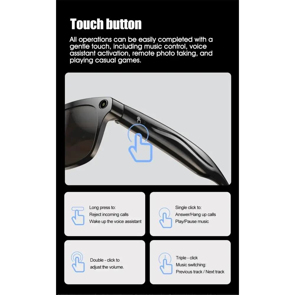 Lunettes noires à bouton tactile pour contrôle musique, assistant vocal, appels et photo à distance