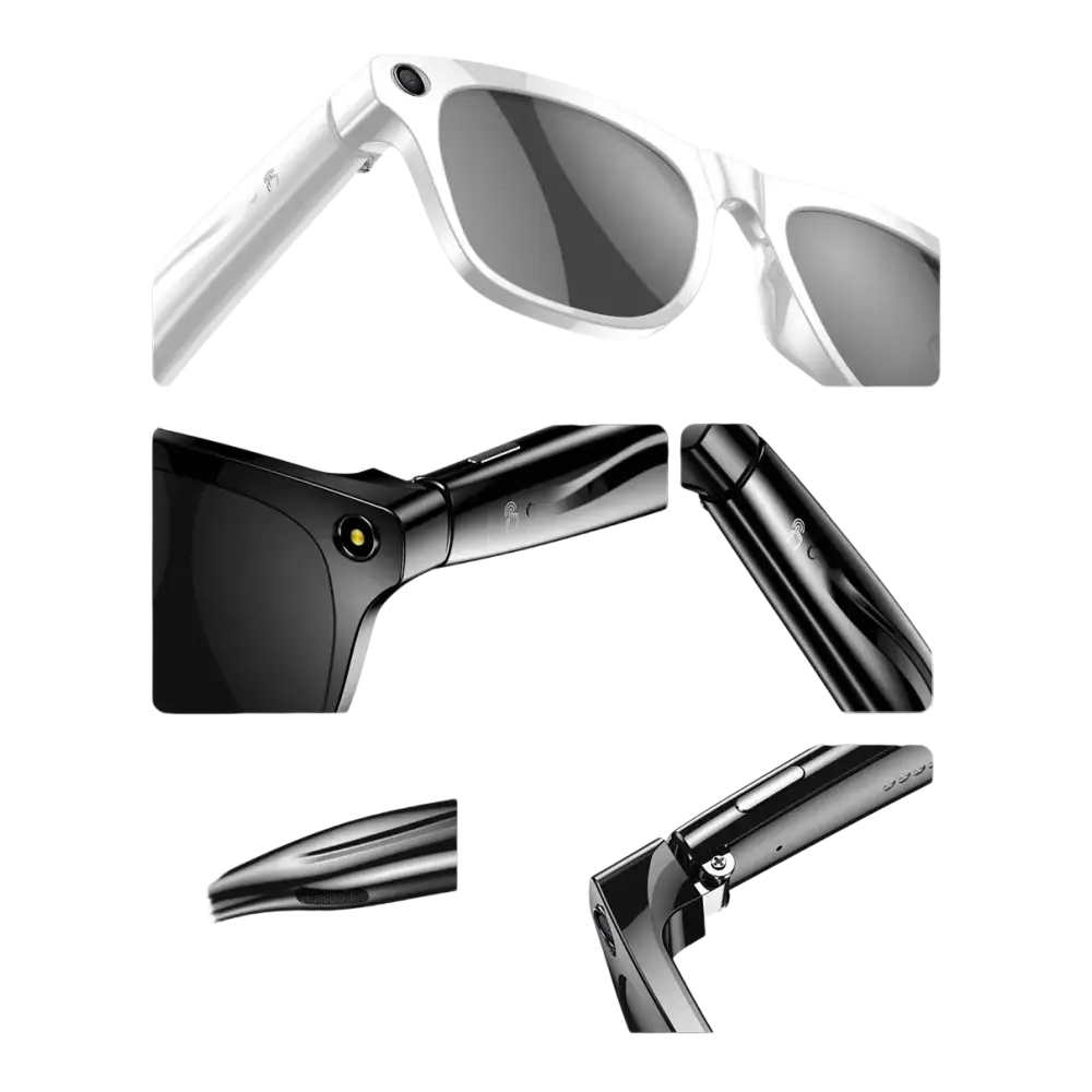 Lunettes connectées blanches et noires avec caméra intégrée et détails tactiles élégants