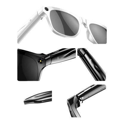 Lunettes connectées blanches et noires avec caméra intégrée et détails tactiles élégants