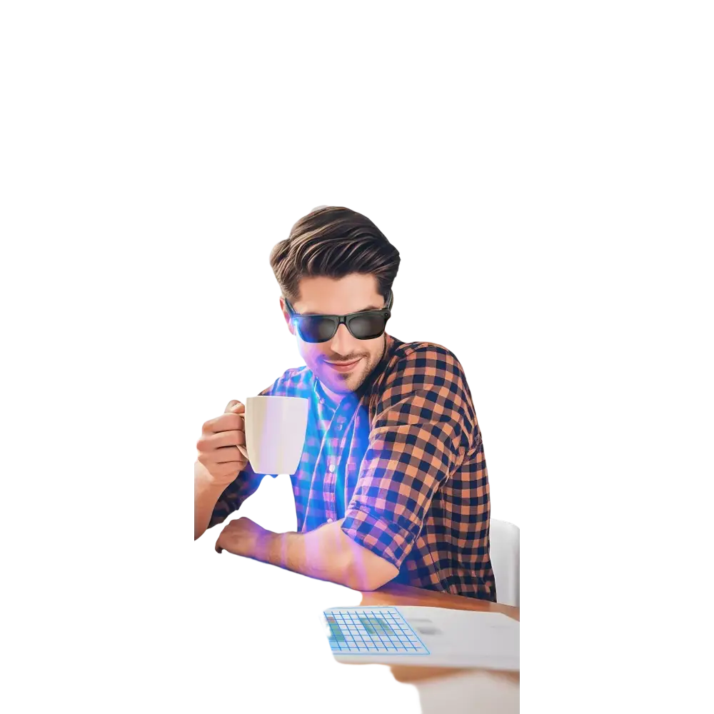 Jeune homme portant lunettes intelligentes, tenant une tasse, technologie IA et dialogue visuel