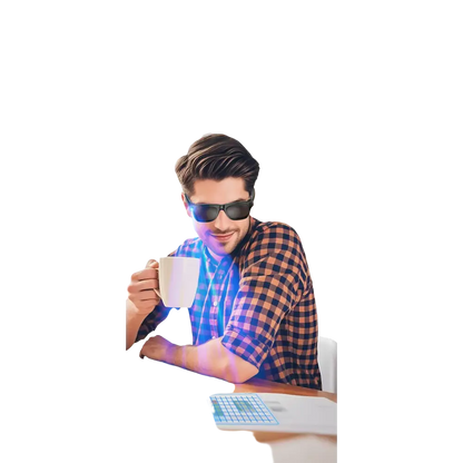 Jeune homme portant lunettes intelligentes, tenant une tasse, technologie IA et dialogue visuel