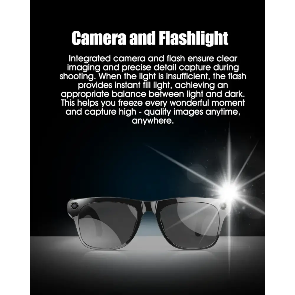 Lunettes noires avec caméra intégrée et flash lumineux activé sur fond sombre