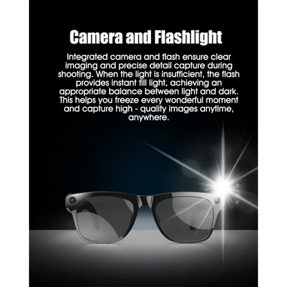 Lunettes noires avec caméra intégrée et flash lumineux activé sur fond sombre