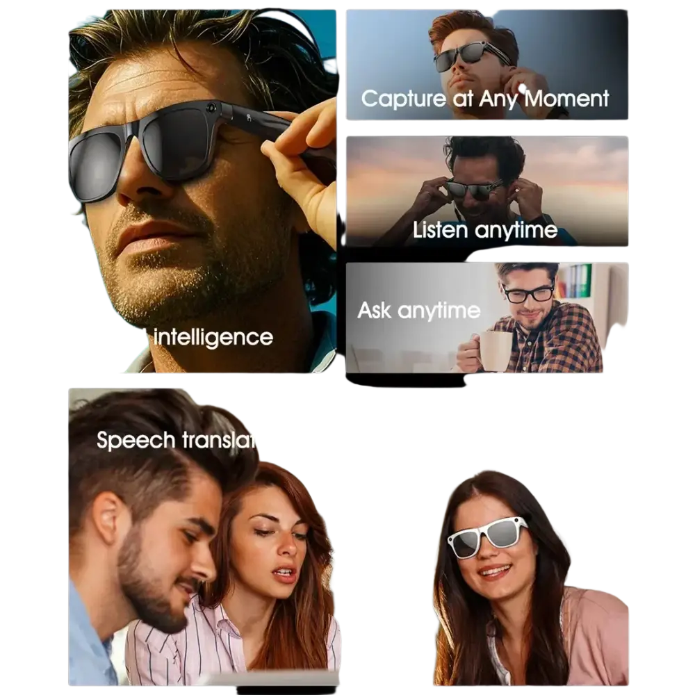 Hommes et femmes utilisant des lunettes intelligentes AI pour capture, écoute, questions et traduction vocale