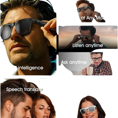 Homme et femme portant des lunettes connectées, fonctionnalités AI, capture, écoute, traduction vocale, assistant vocal