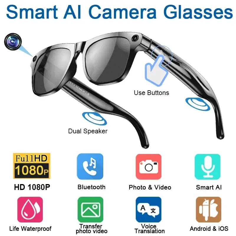 Lunettes intelligentes avec caméra HD 1080p, Bluetooth, double haut-parleurs, étanches, traduction vocale et contrôle bouton