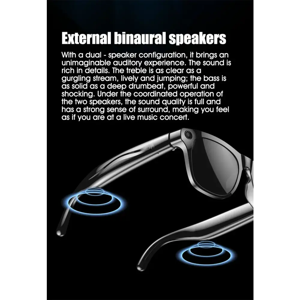Lunettes noires avec haut-parleurs binauraux externes et description audio détaillée en anglais