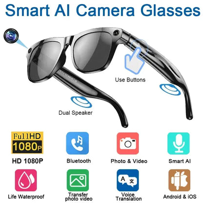 Lunettes intelligentes avec caméra HD 1080p, Bluetooth, double haut-parleurs, étanches, traduction vocale et contrôle bouton