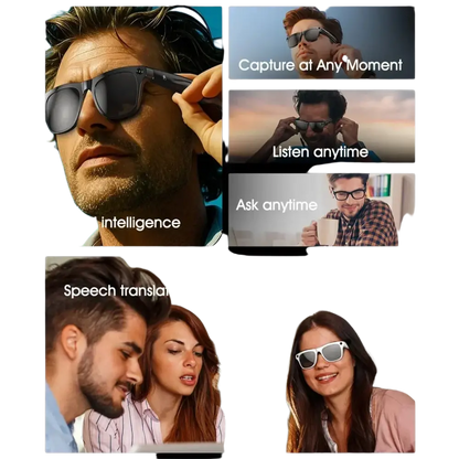 Hommes et femmes utilisant des lunettes intelligentes AI pour capture, écoute, questions et traduction vocale